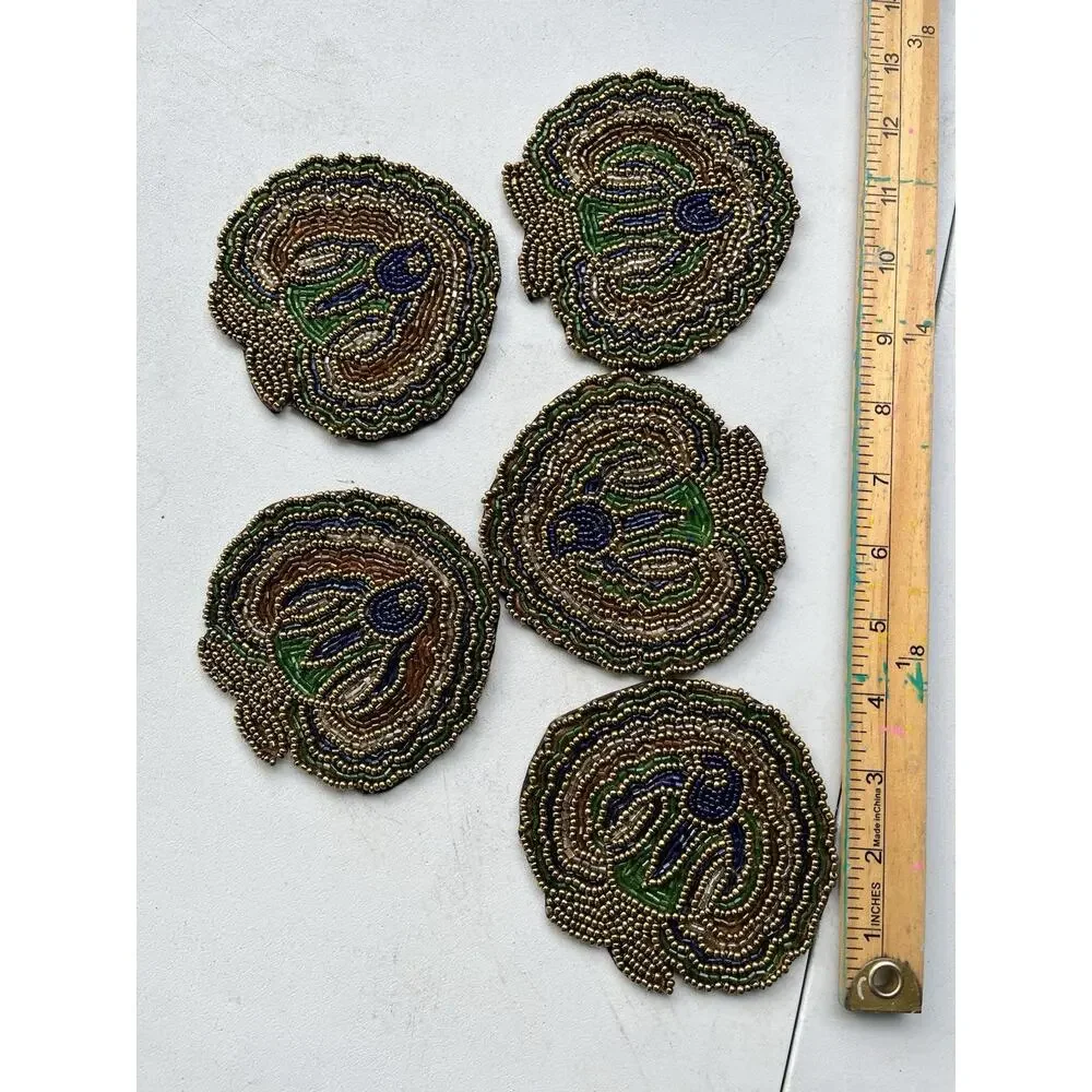 VTG Silk back Beaded Peacock Coasters Set of 5 Retro Art deco Blue Green Gold